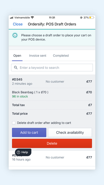 Check inventory quantity of a draft order