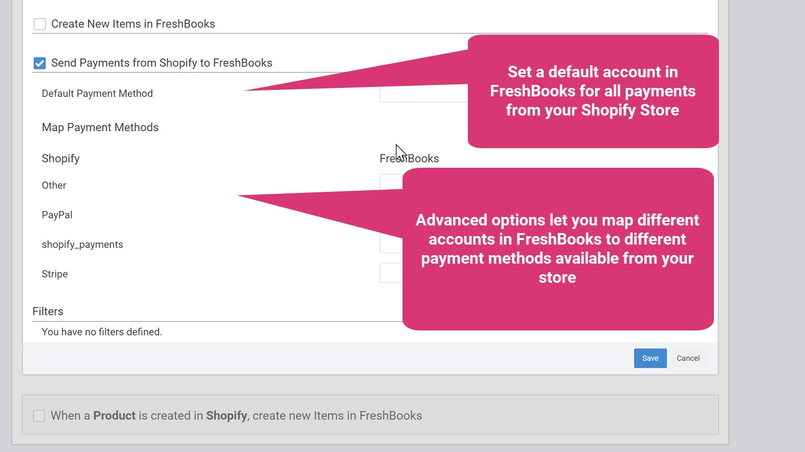 Map payment options to accounts in FreshBooks