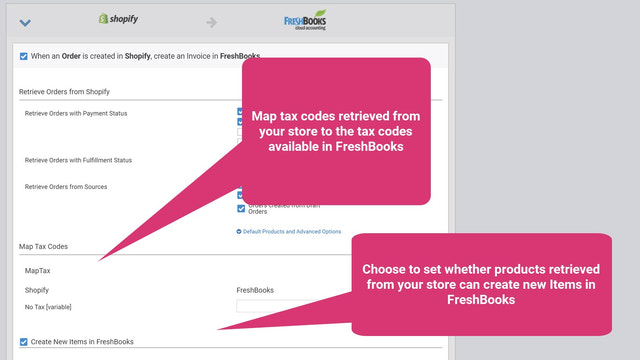 Kortlæg skatte koder tilgængelige i Shopify til skatte koder i FreshBooks