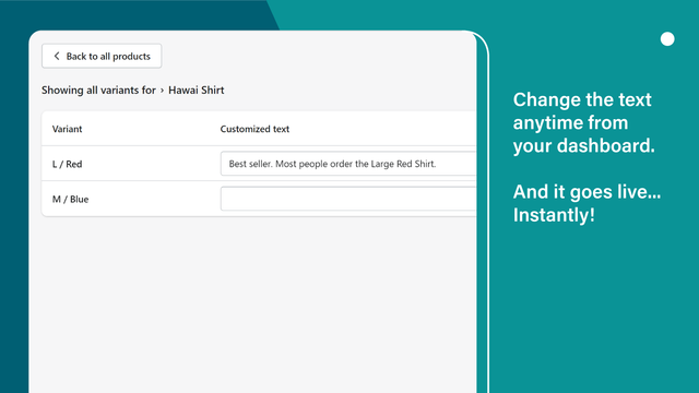 options de personnalisation dans le tableau de bord. modifications en direct.