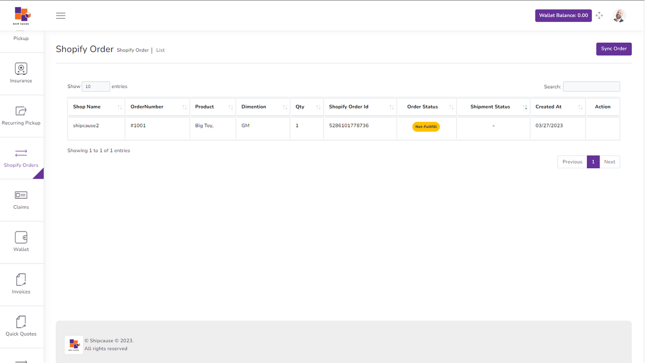 Shipcause Shopify Order Listing