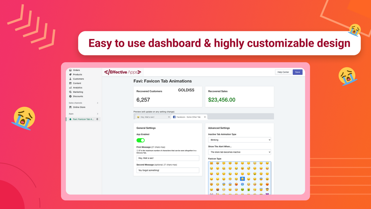 Das Dashboard der App mit Verkaufs- und Wiederherstellungsstatistiken für den Warenkorb