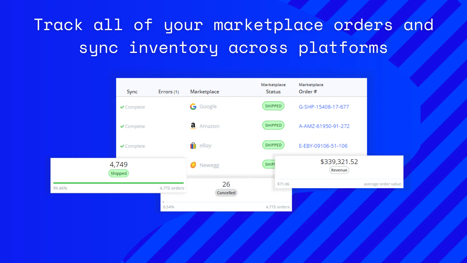 Rastreie pedidos de marketplace e sincronize o inventário com os canais