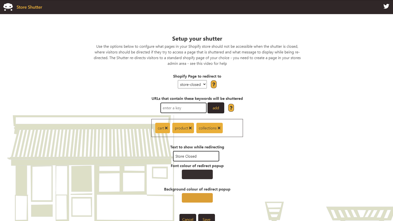 store shutter configuration screen