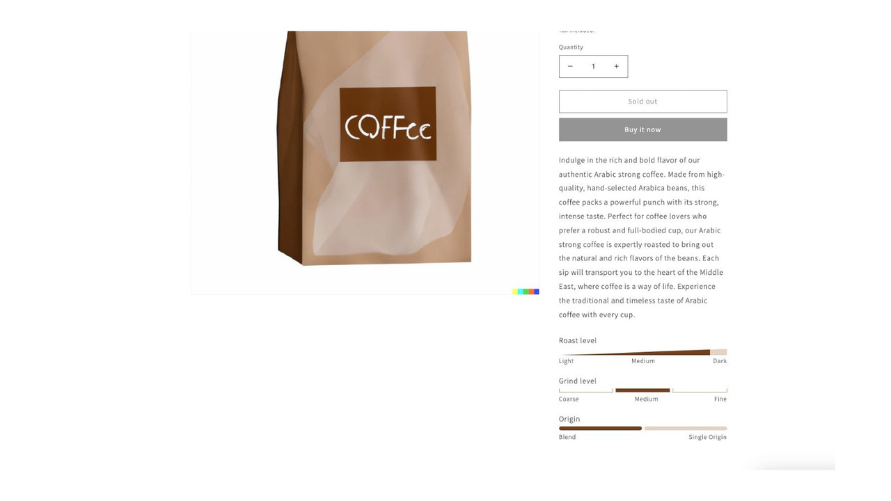 Spécifications du produit dans l'exemple de café PDP