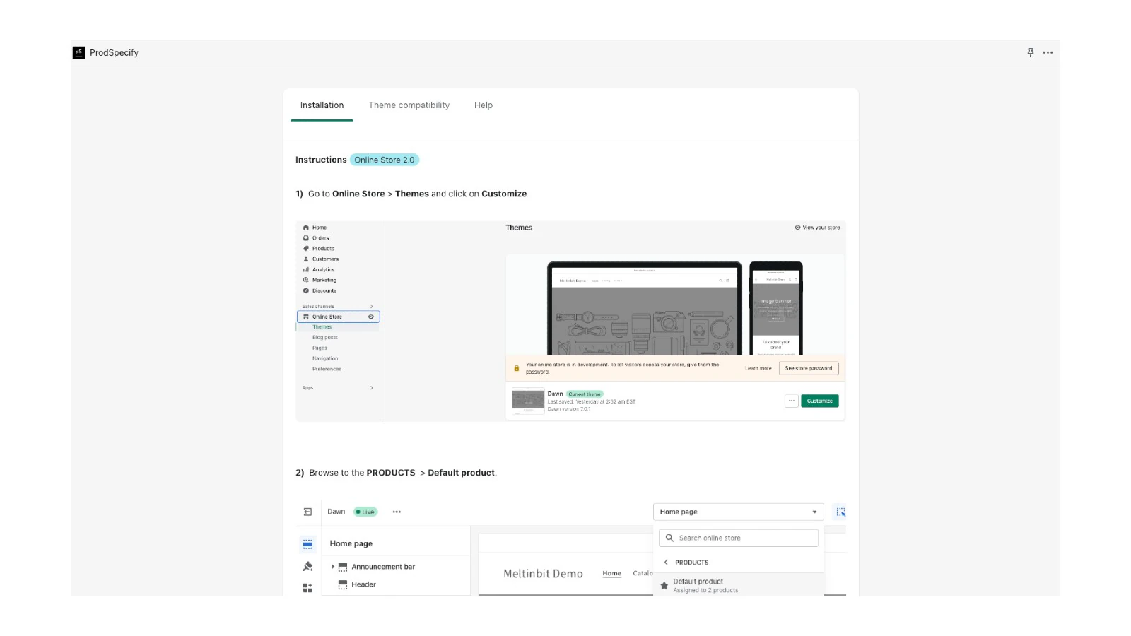 Page d'accueil de l'application avec des instructions d'installation pour montrer les caractéristiques du produit