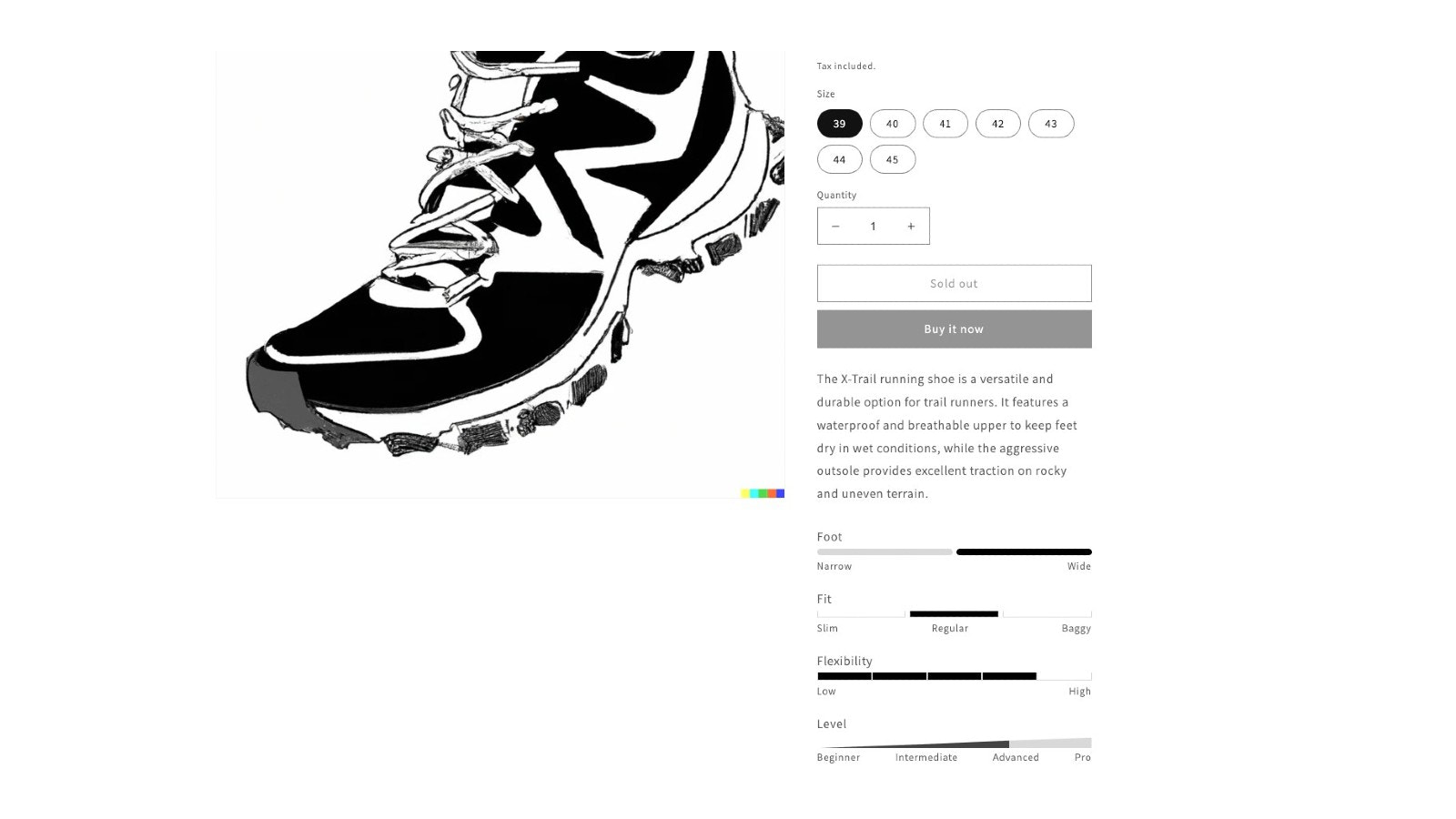 Recursos de especificação do produto em exemplo de sapatos de trilha PDP