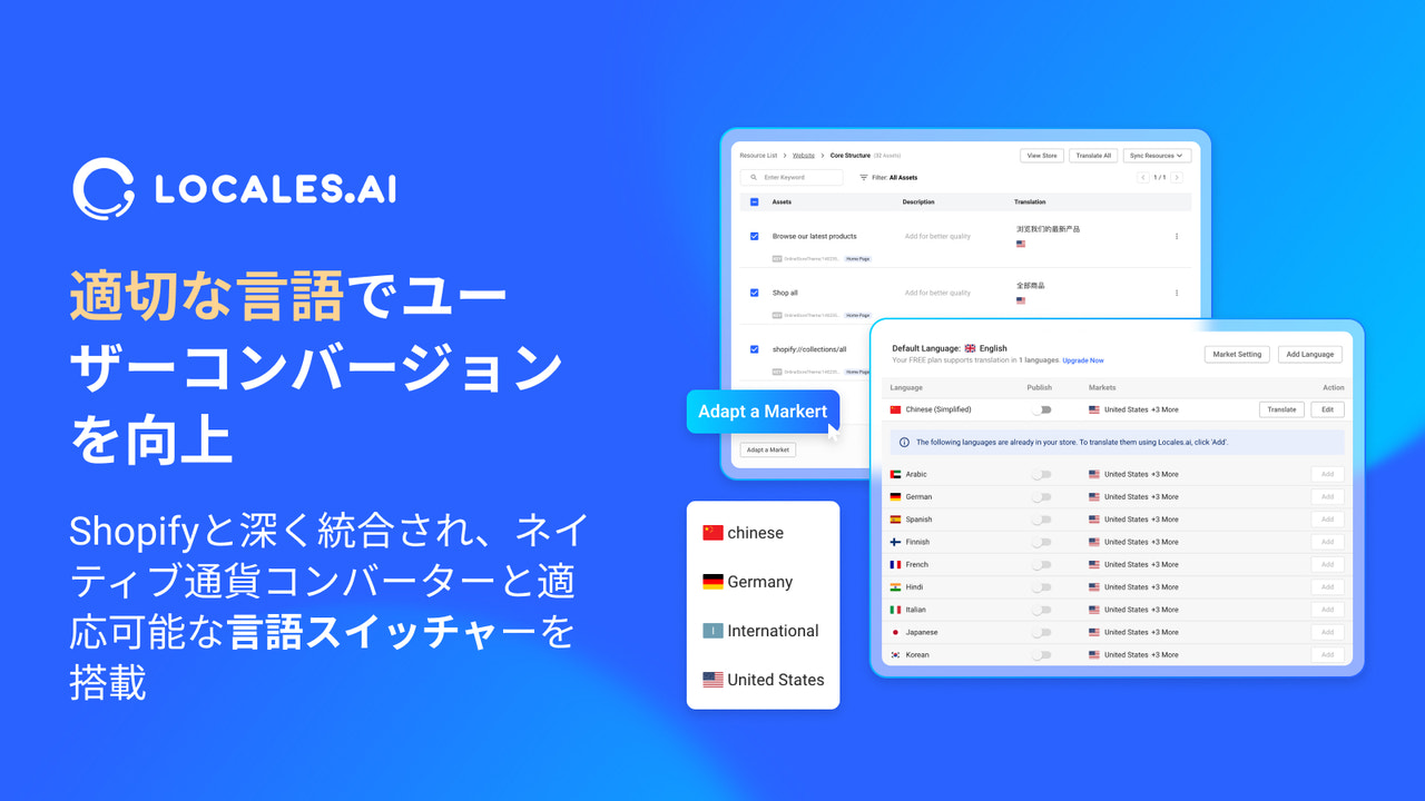 言語切替、通貨コンバーター、ジオロケーション