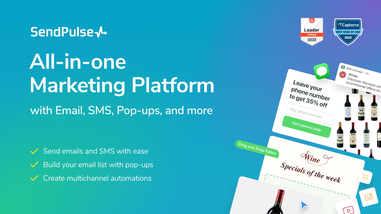 Plateforme de marketing tout-en-un SendPulse avec Email, SMS, Popups 