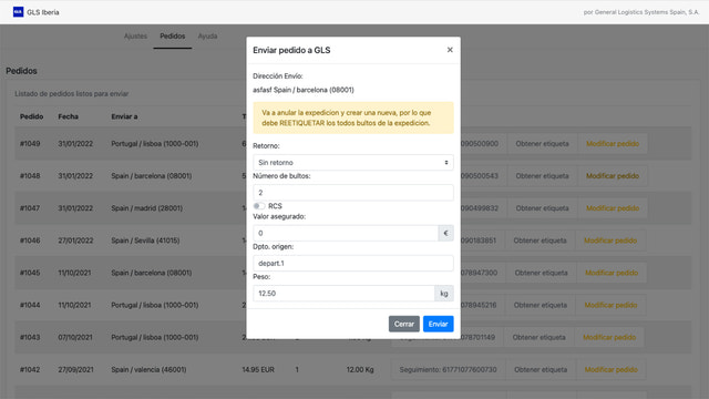 Modificación de los datos de un envío