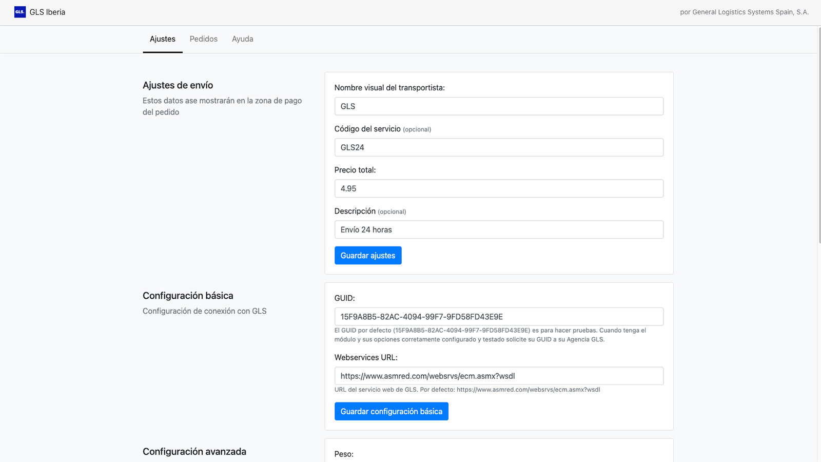 Configuración de la aplicación