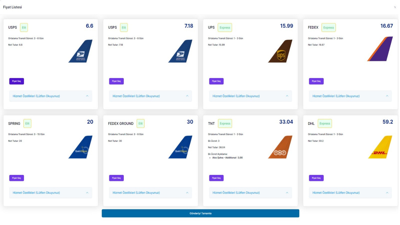 Painel de comparação de preços.