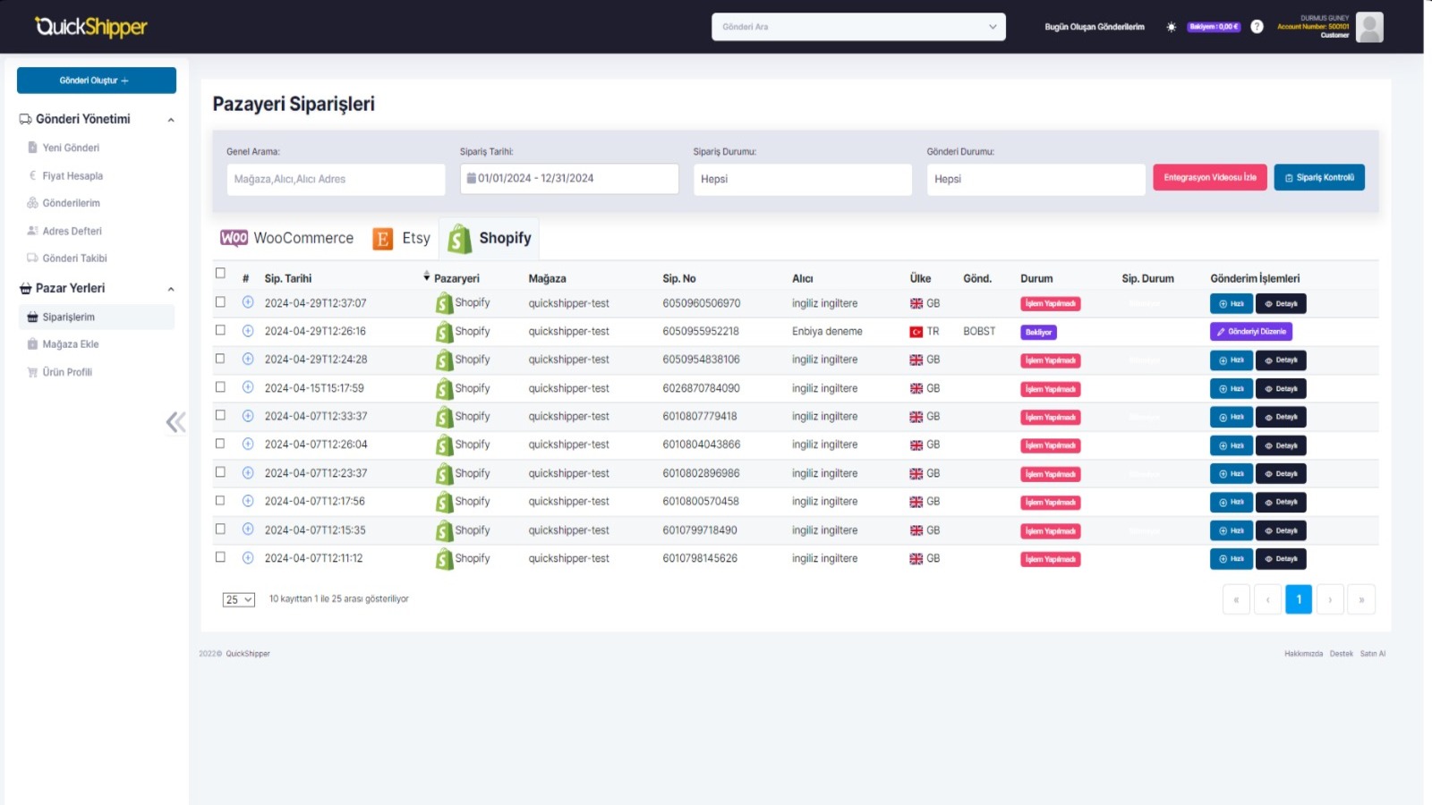 Panel de pedidos de Marketplace.