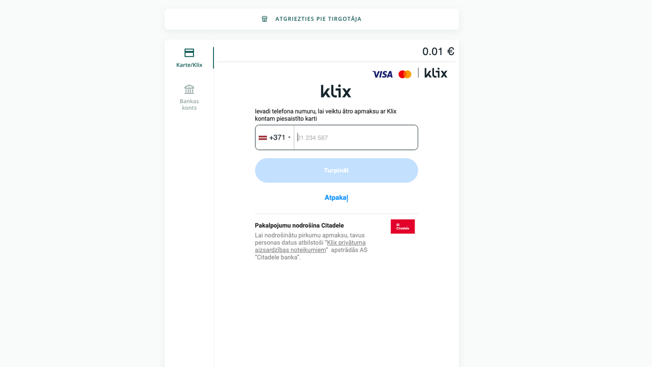 Klix widget - fast checkout usint phone number