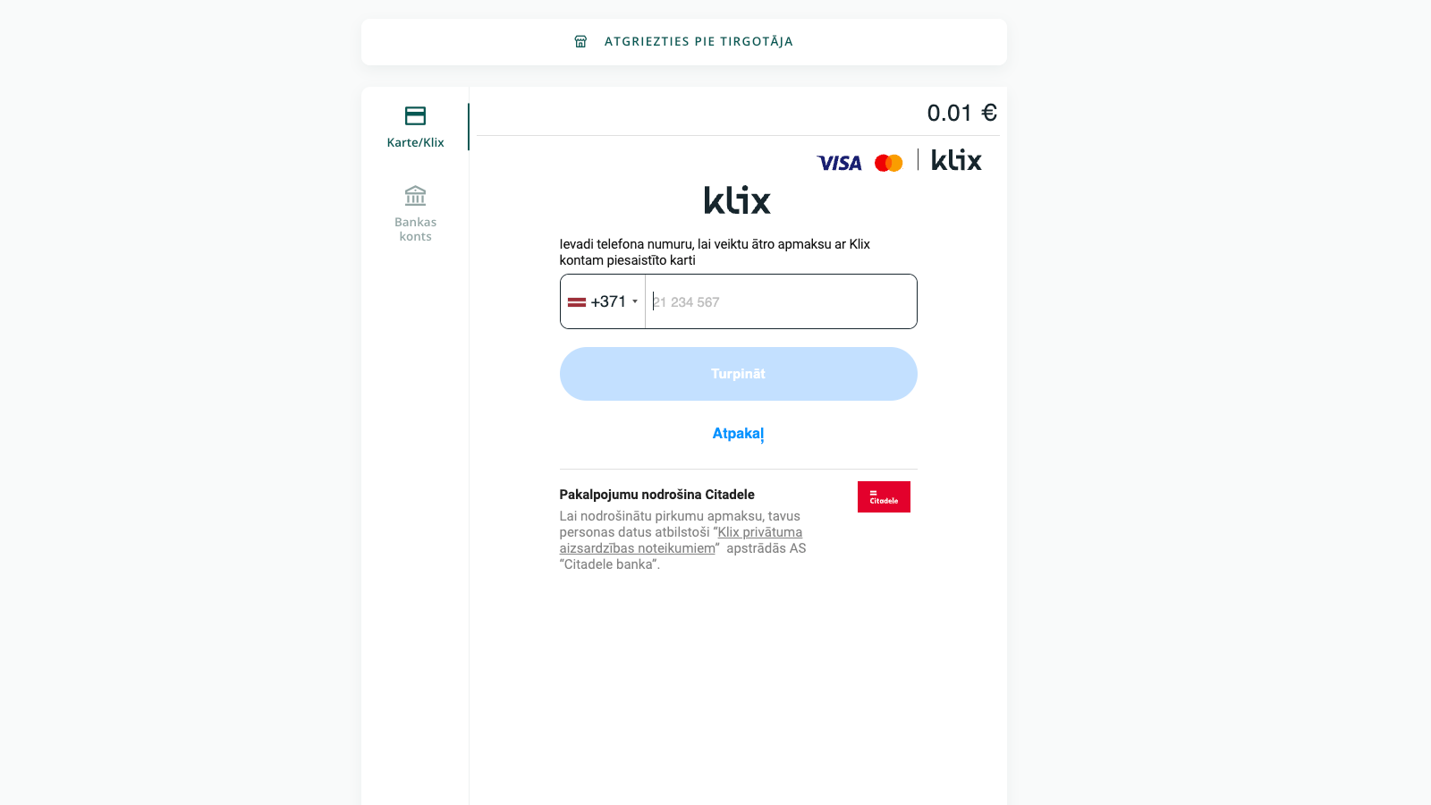 Klix Widget - Schneller Checkout mit Telefonnummer