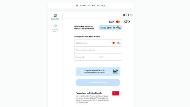Widget Klix - paiement par carte
