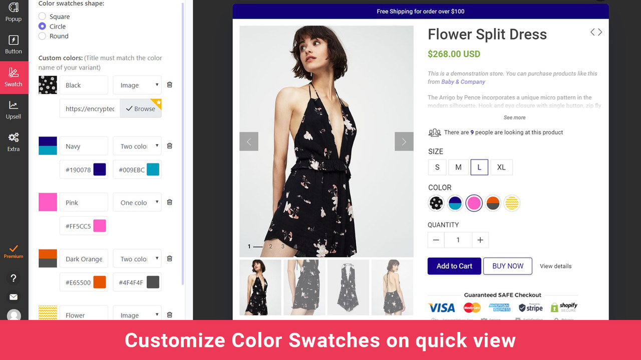 vista rápida de shopify app con muestras de color de previsualización de producto