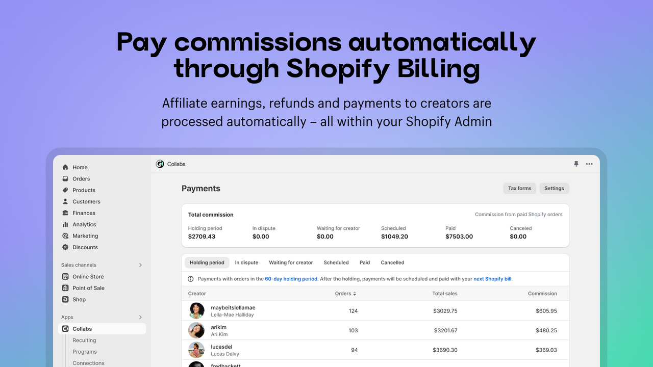 Pague comissões automaticamente através da Faturação Shopify