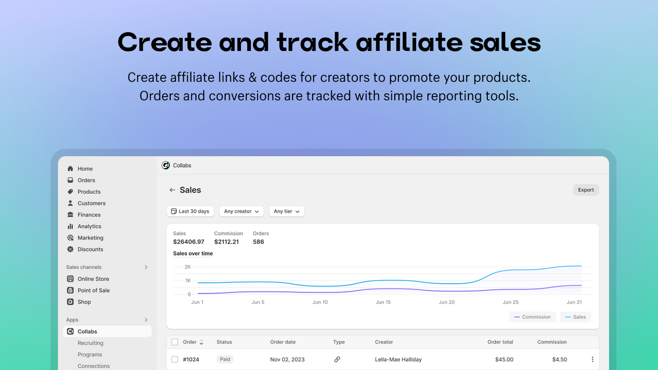 Create affiliate offers with referral links and discount codes
