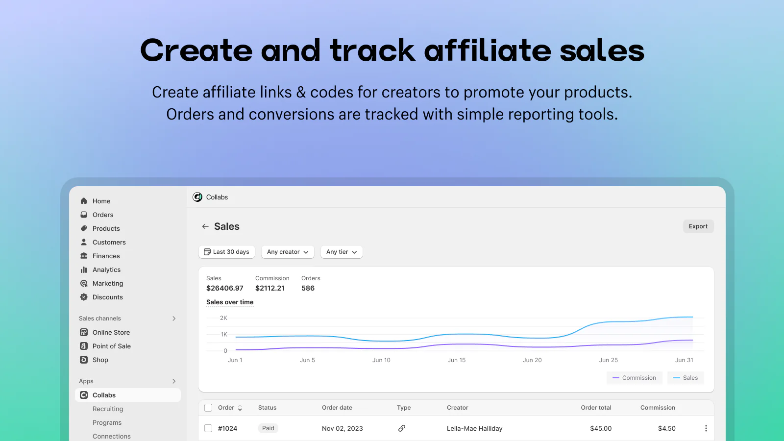 Create affiliate offers with referral links and discount codes