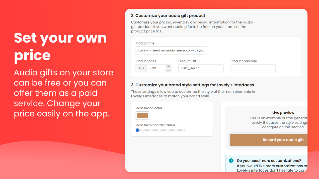 Defina seu próprio preço para presentes de áudio Lovely em sua loja