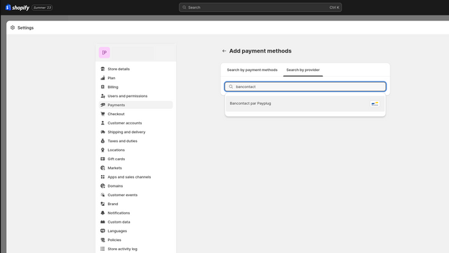How to select Bancontact from Shopify admin