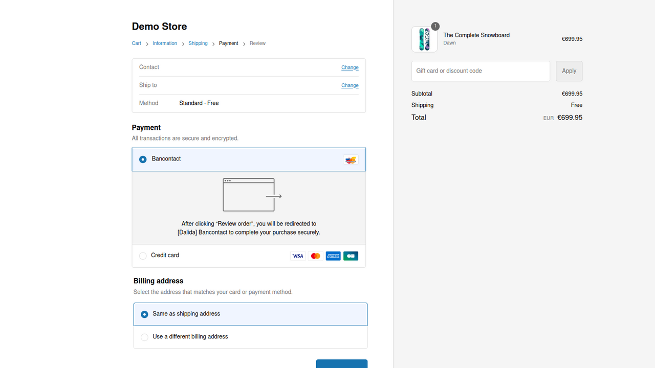 Shopify checkout with Bancontact payment method