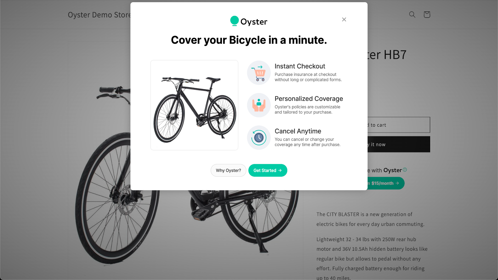 Le popup du widget informe les clients sur l'assurance et Oyster.