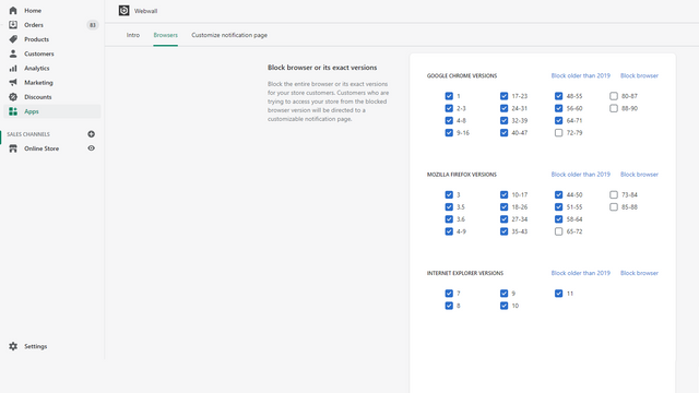 Selecteer welke oude browserversies u wilt blokkeren.