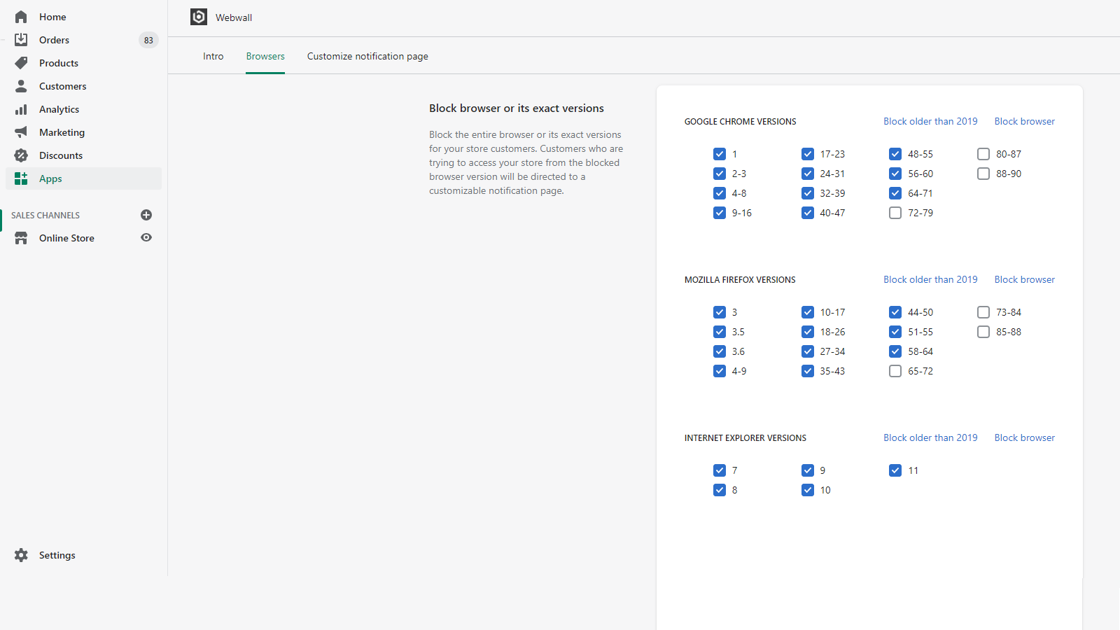 Selecteer welke oude browserversies u wilt blokkeren.