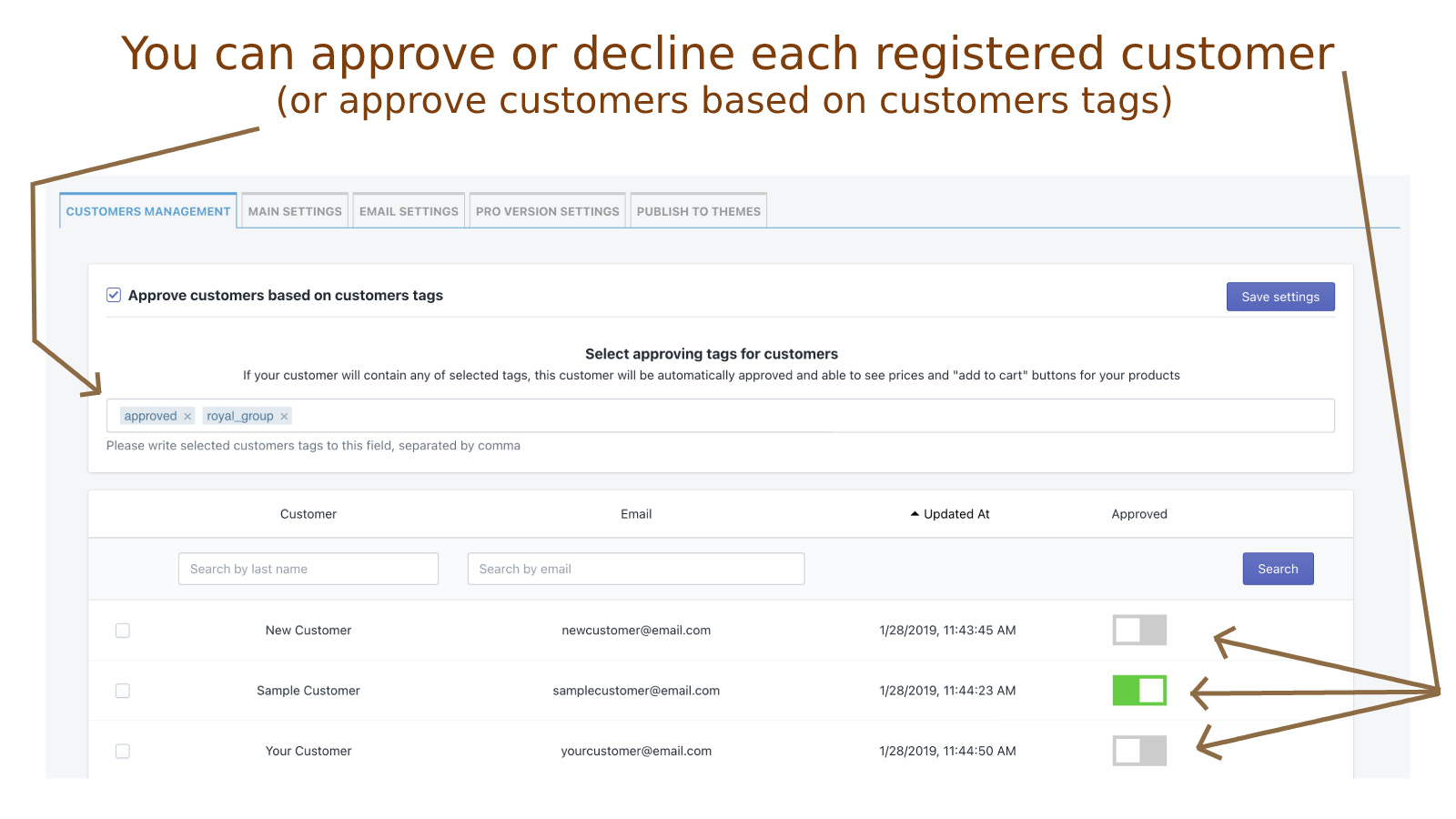 Pouvez approuver ou rejeter les clients enregistrés