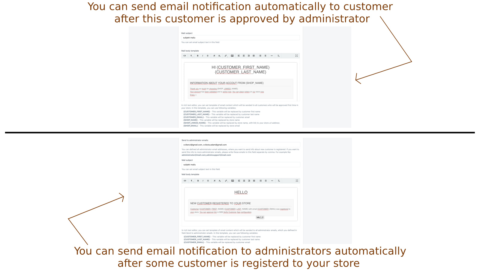 Du kan sende email notifikationer til kunder eller administratorer