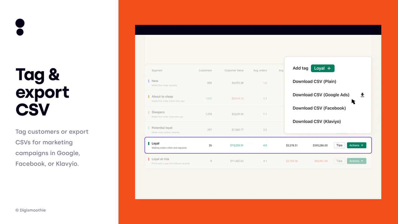 Tag & export CSV lists for Google, Facebook, or Klaviyo.