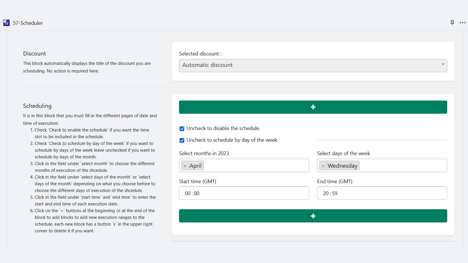 Screen for selecting the different dates and times for starting.