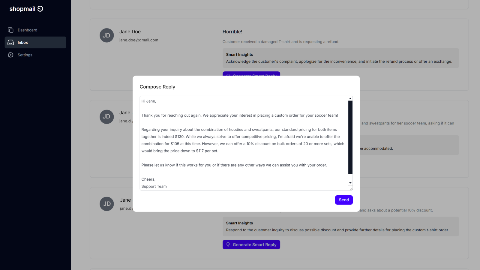 Shopmail AI Customer Support Screenshot