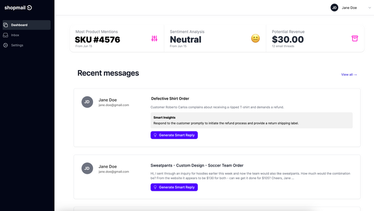 Shopmail AI Customer Support Screenshot