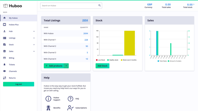 A view of the Huboo customer dashboard screen on a desktop