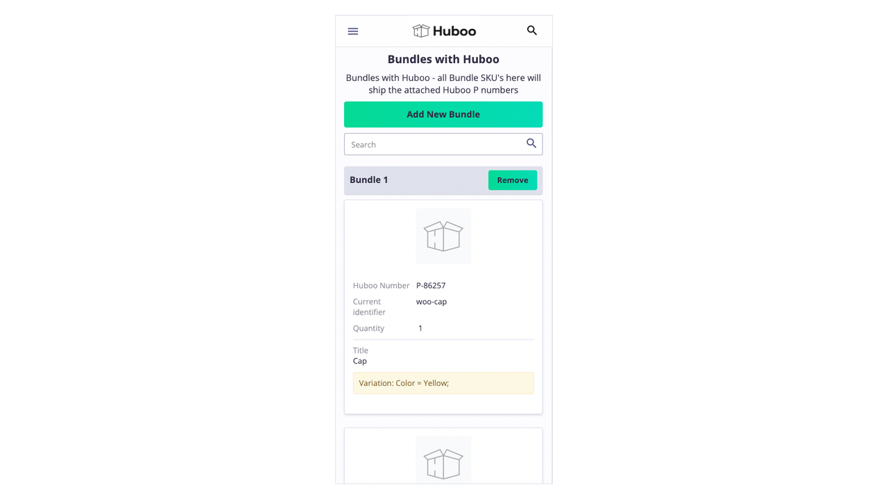 The Huboo customer bundle listing screen on a mobile device