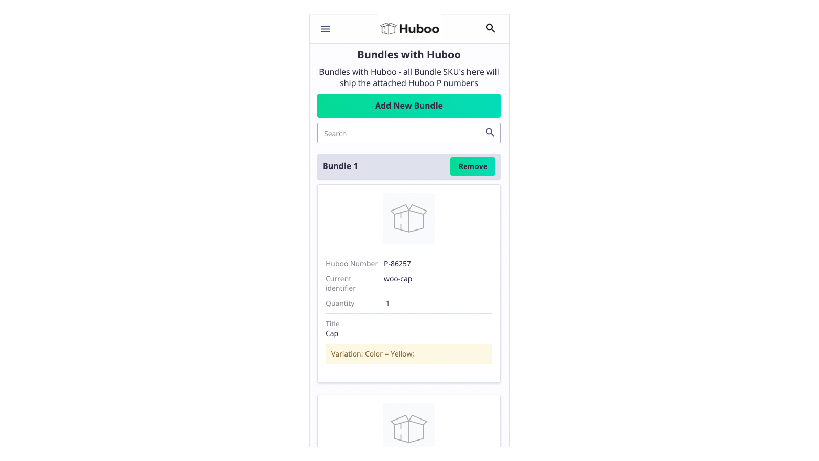 Huboo-kundens bundle liste-skærm på en mobil enhed