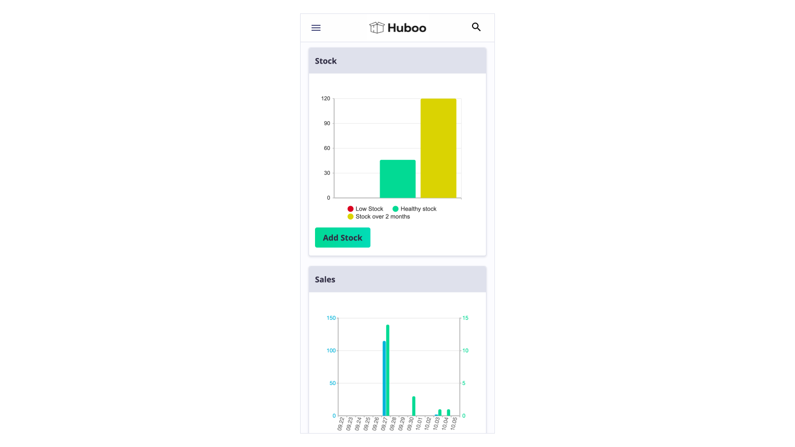 Vue de l'écran du tableau de bord client Huboo sur un appareil mobile