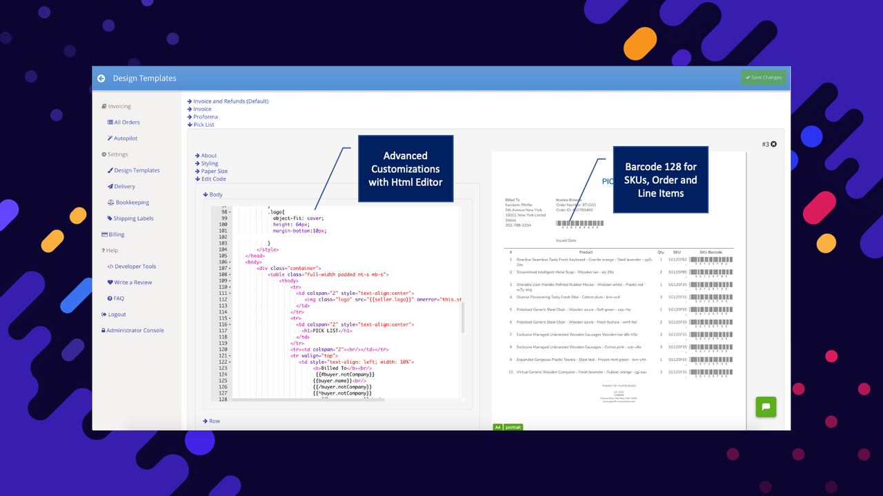 Editor de código html do modelo de fatura com suporte a Código de Barras 128.