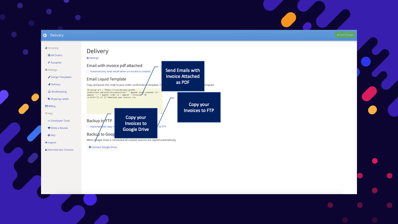 Send your invoices to Ftp, Google Drive or Email as PDF attach.