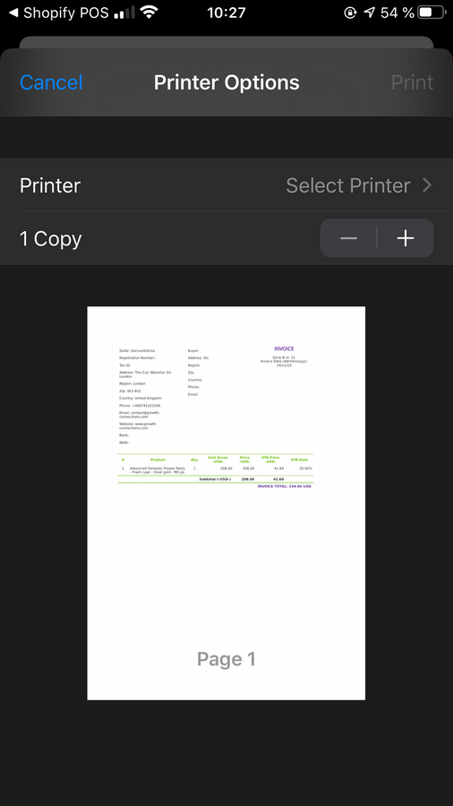 Fast invoice printing with one tap from POS iOS application.