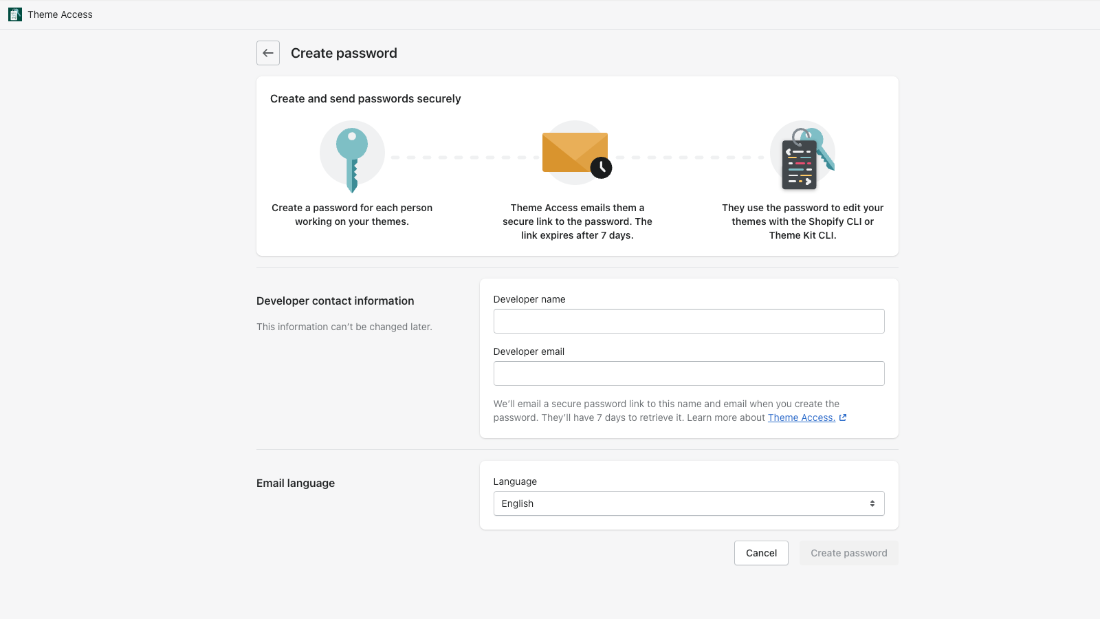 Screenshot of the create password view