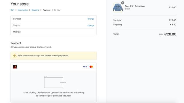 Payplug payment method on a shop 
