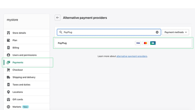 Choose Payplug in the alternative payment method list