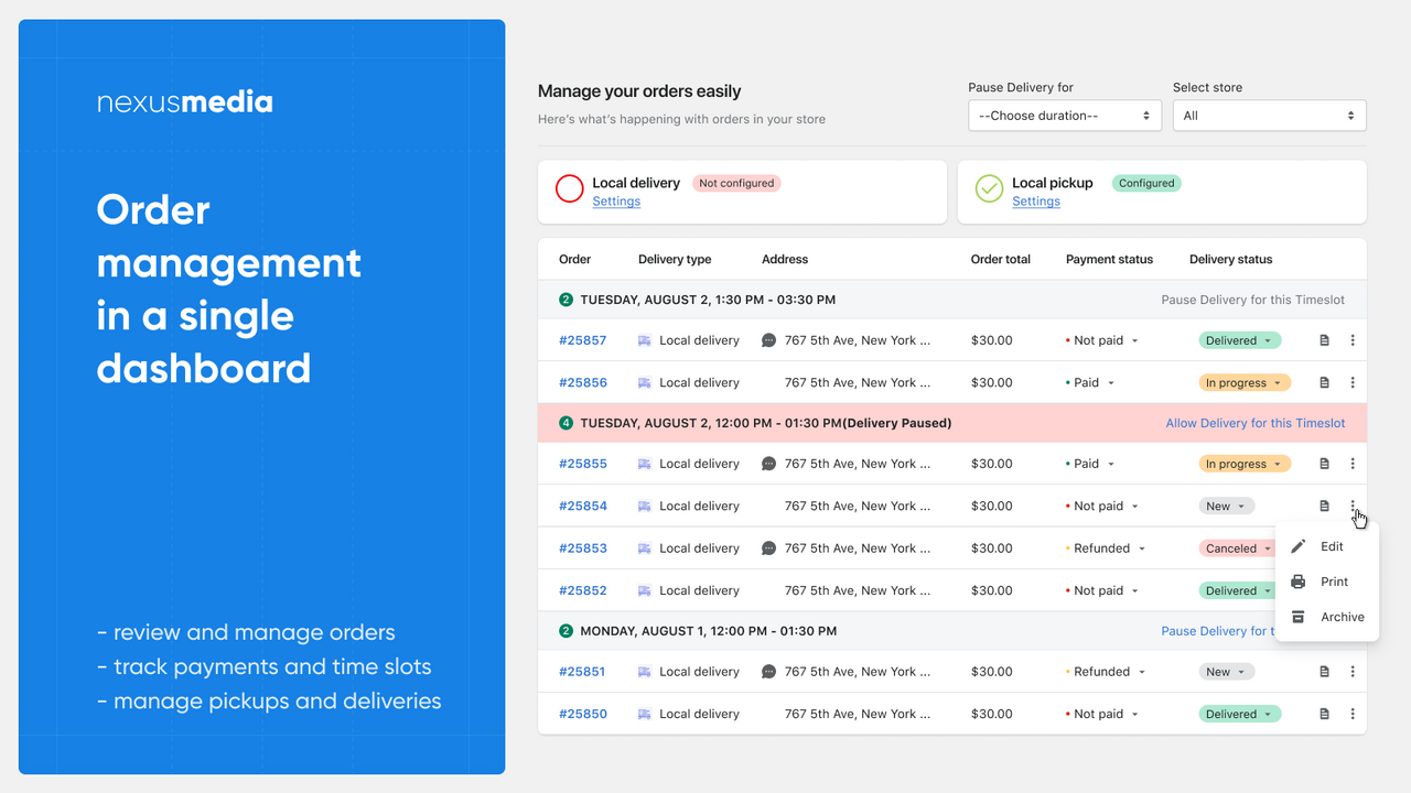 Manage deliveries and takeouts (pickups) with ease