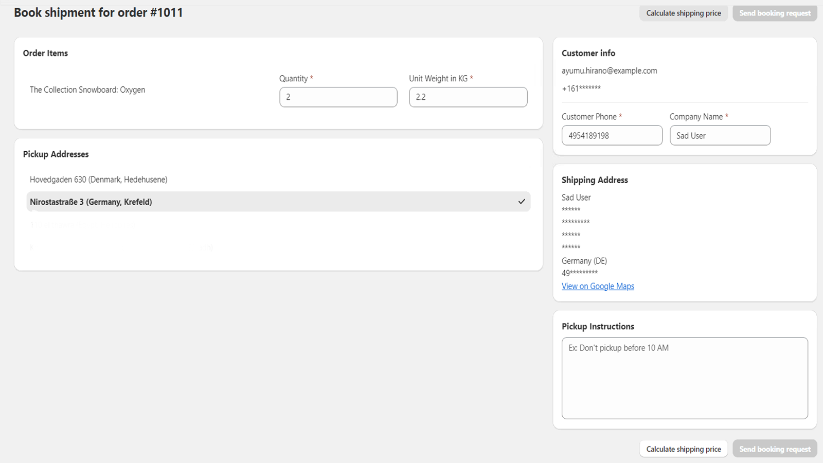 Booking af en ordre til forsendelse