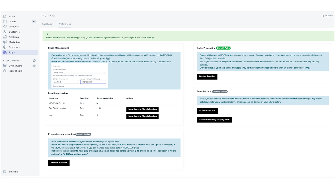 Configure suas preferências, como a MOODJA deve lidar com seus pedidos