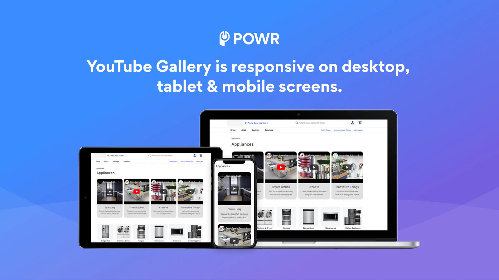 YouTube video gallery is responsive on desktop, tablet & mobile